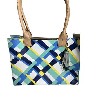 Kate Landry Multicolor Geometric Tote Bag With Tassel Accent & Dual Handles